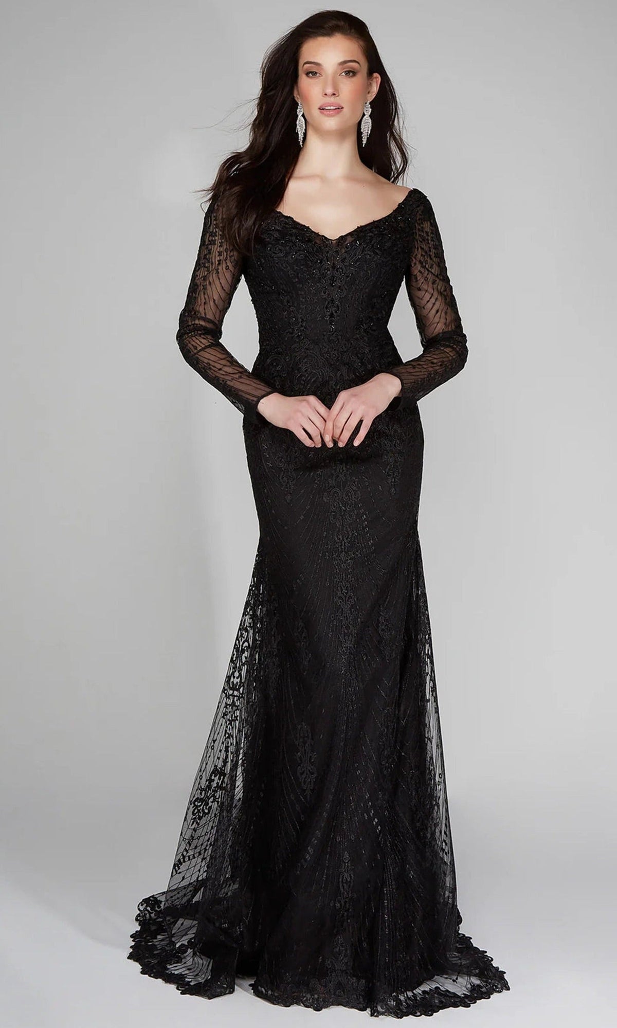 Alyce Paris 7030 - Long Sleeve Embroidered Tulle Dress