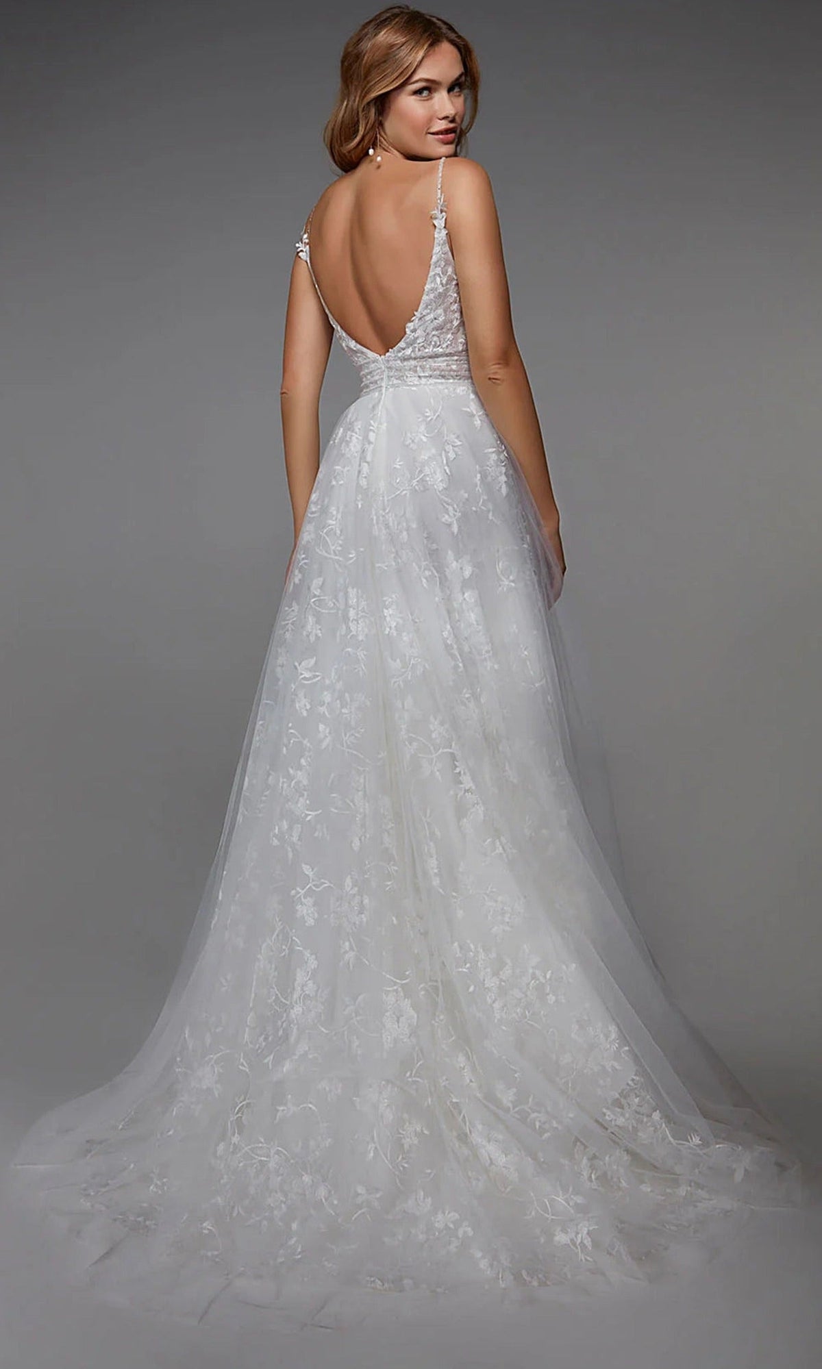 Alyce Paris 7036 - Plunging A-line Dress with Floral Appliques