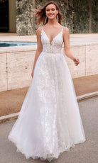 Alyce Paris 7036 - Plunging A-line Dress with Floral Appliques