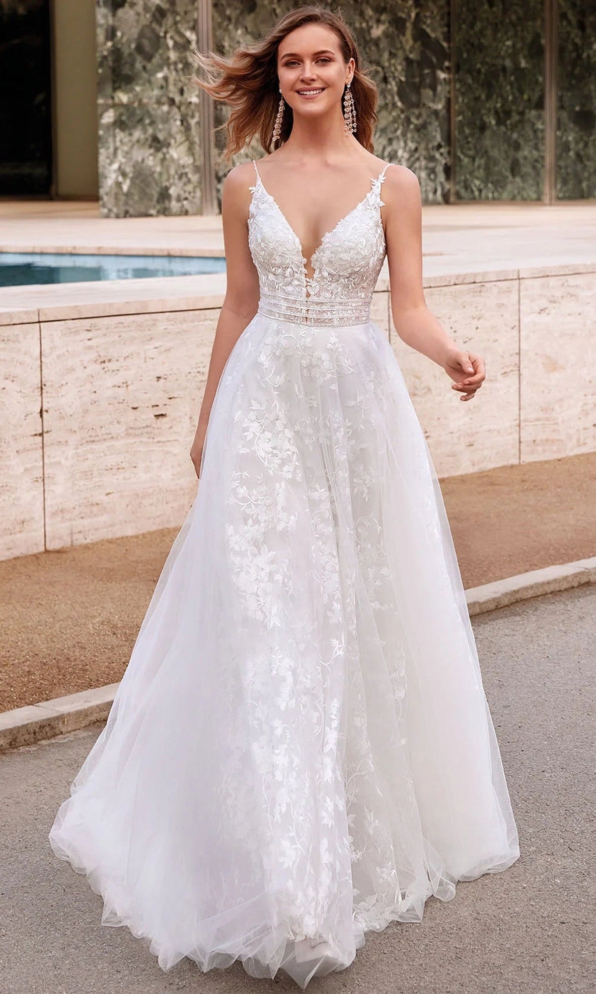Alyce Paris 7036 - Plunging A-line Dress with Floral Appliques