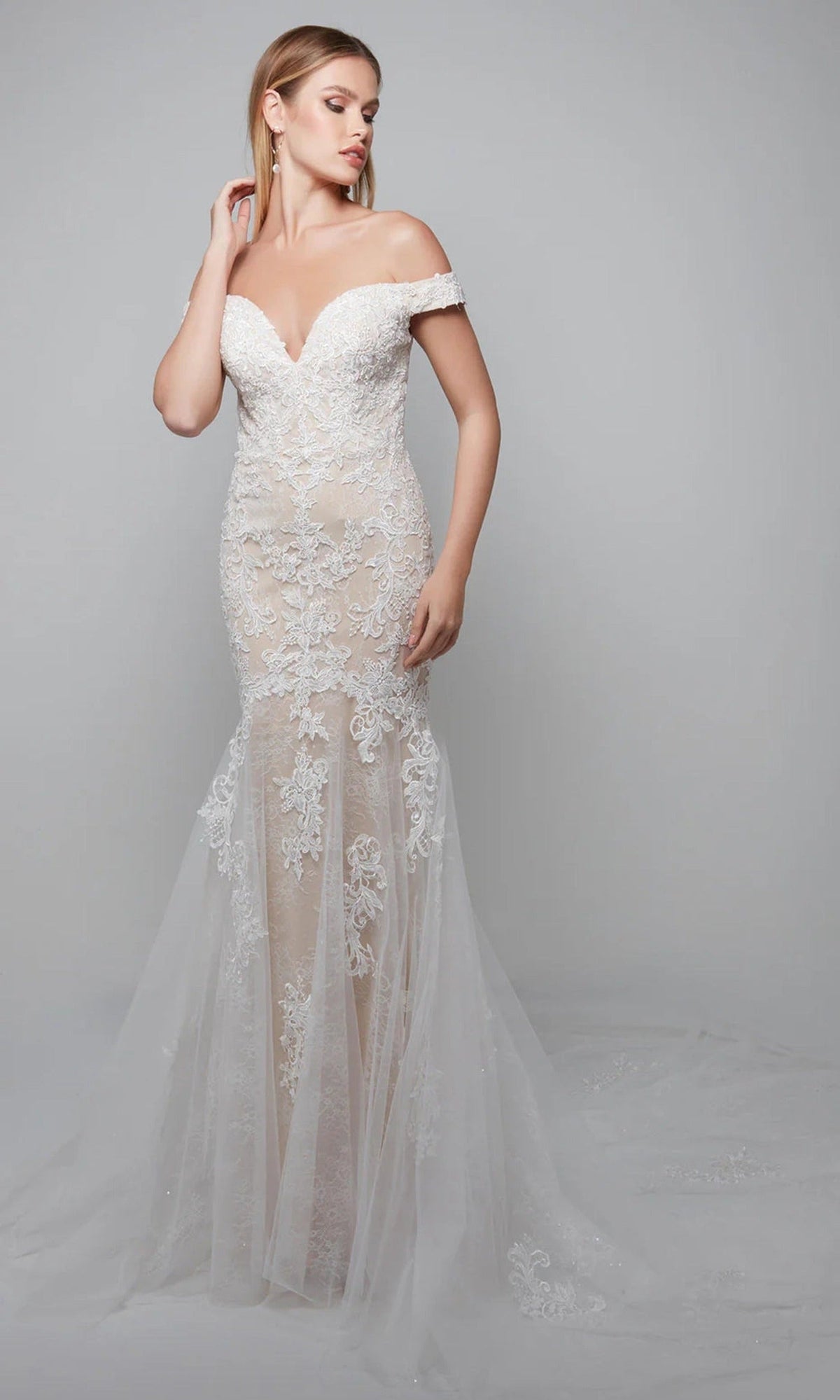 Alyce Paris 7086 - Lace Appliqued Off Shoulder Trumpet Gown