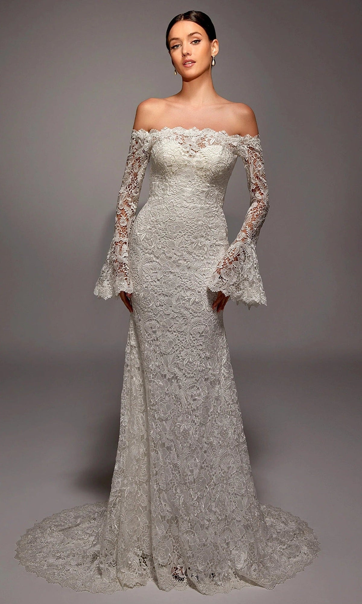 Alyce Paris 7156 - Lace Off Shoulder Gown with Flared Cuffs