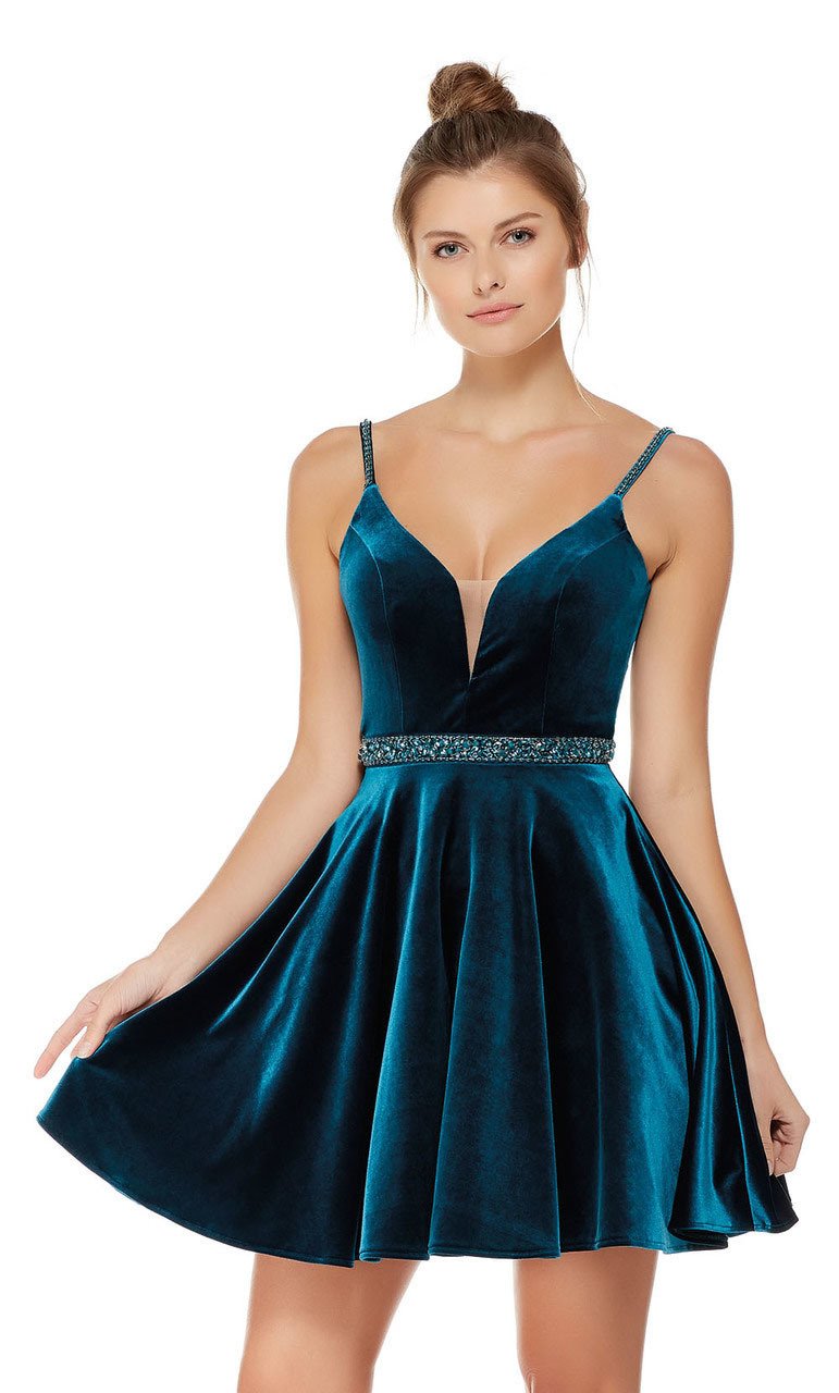 Alyce Paris Embellished Deep V-neck Velvet A-line Dress 4008 - designer cocktail dress at Silhouette Dresses