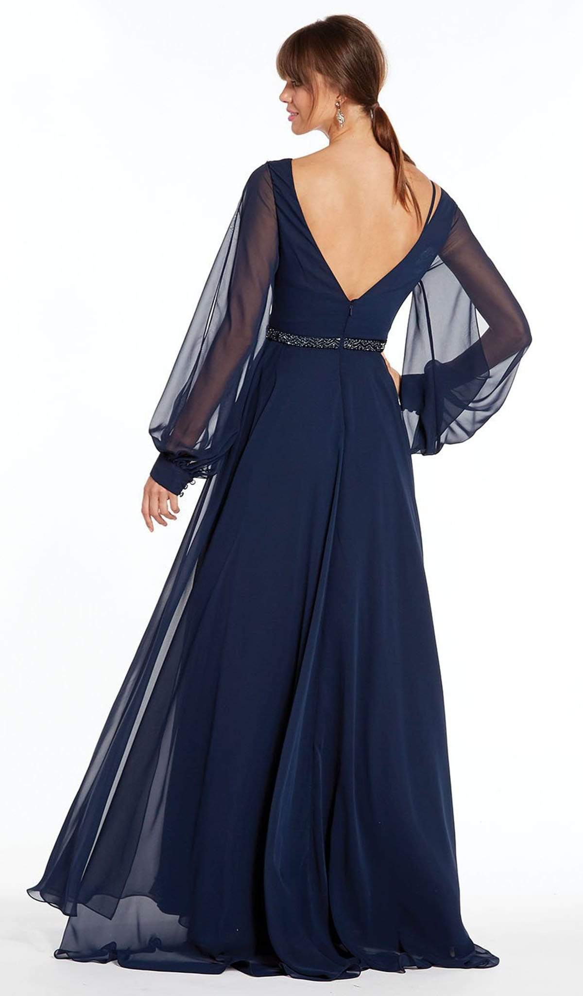 Alyce Paris - Sheer Long Sleeve V-Neck Chiffon Gown 27295 - back view