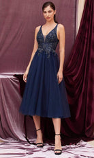 Andrea and Leo - A0762S Beaded Plunging V Neck Tea Length Dress - designer formal gown at Silhouette Dresses