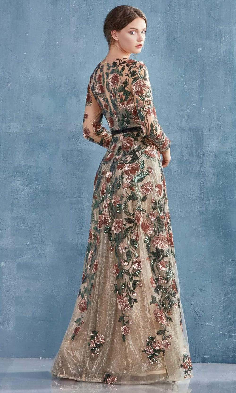 Andrea and Leo - A0926 Floral Sequined A-Line Gown - back view
