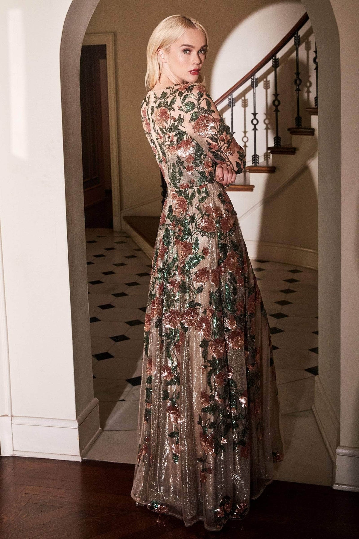 Andrea and Leo - A0926 Floral Sequined A-Line Gown - view 5
