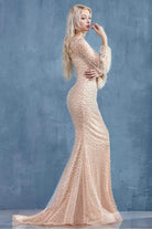 Andrea and Leo - A0997W Pearl Studded Sheer Sleeve Trumpet Gown - back view