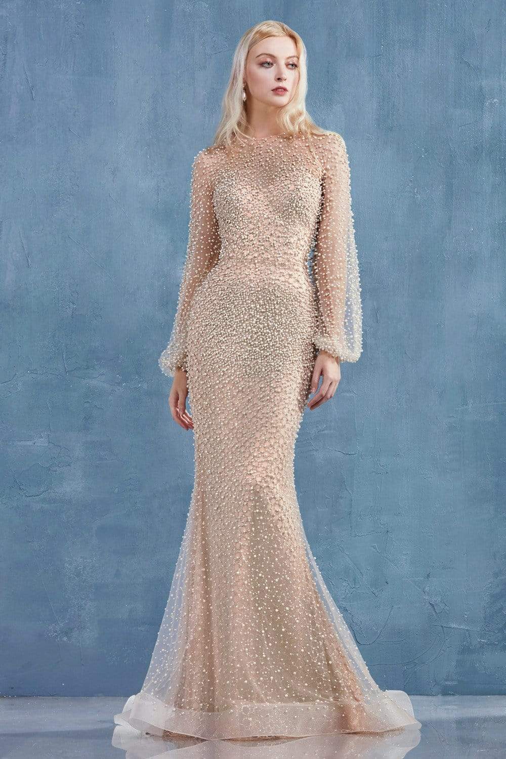 Andrea and Leo - A0997W Pearl Studded Sheer Sleeve Trumpet Gown - detail view