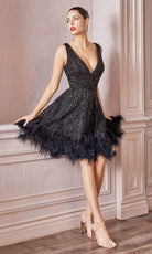 Andrea and Leo - A1012 Multi-Beaded Fit And Flare Feather Hem Dress - designer formal gown at Silhouette Dresses