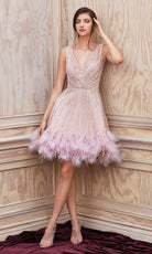Andrea and Leo - A1012 Multi-Beaded Fit And Flare Feather Hem Dress - view 4