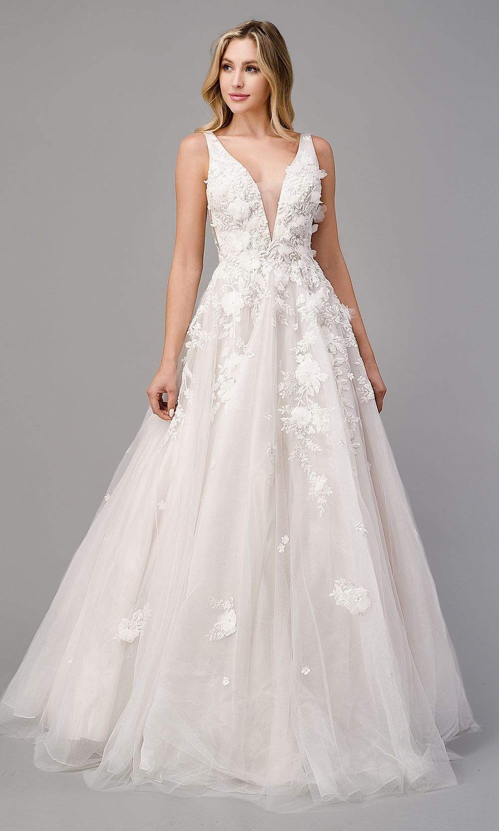 Andrea and Leo - A1028W Plunging Neck Floral Wedding Dress - designer wedding dress at Silhouette Dresses