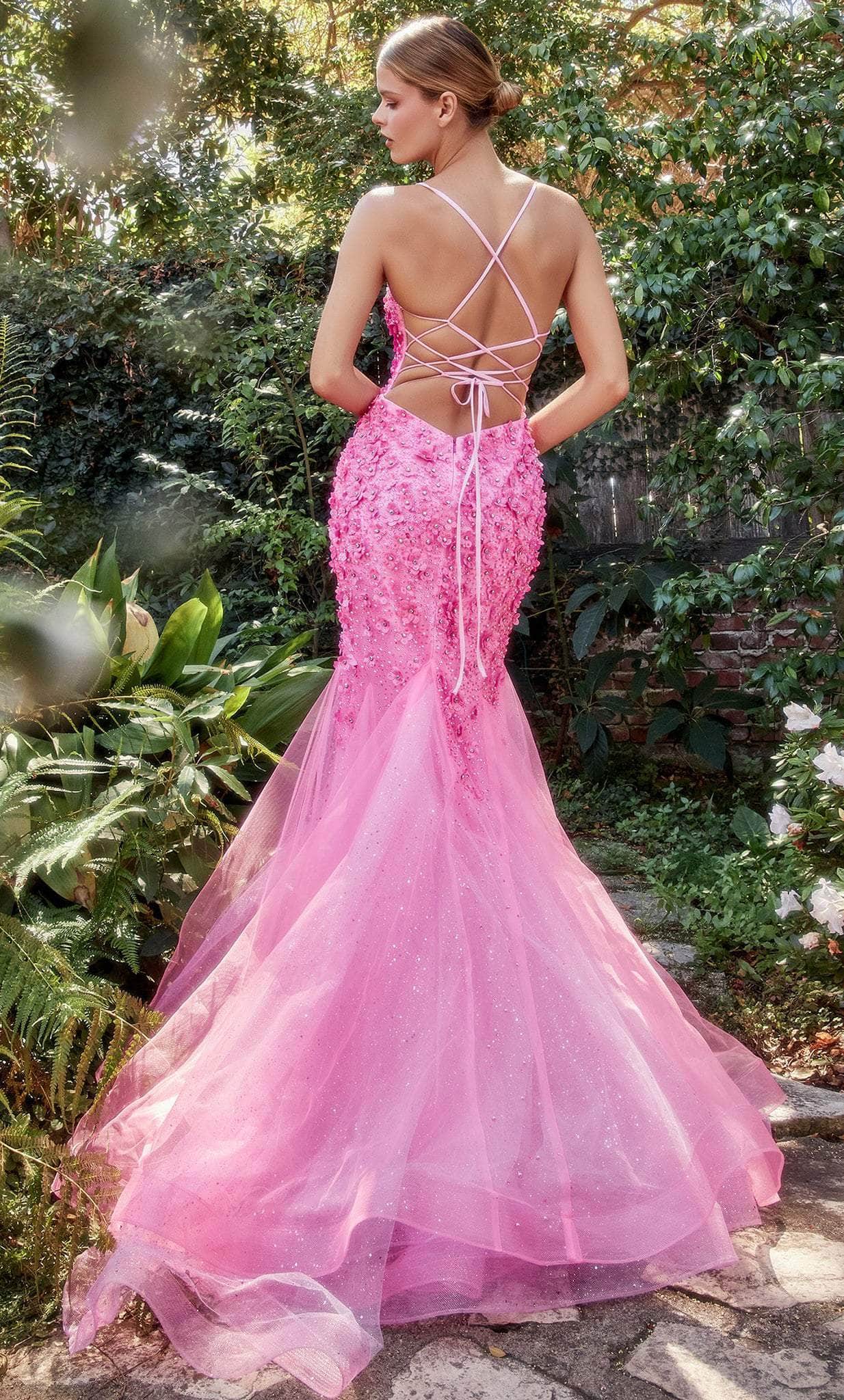 Andrea and Leo A1201 - Floral Appliqued Lace-Up Prom Gown - detail view