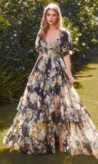 Andrea and Leo A1336 - Puff Sleeve Floral Gown