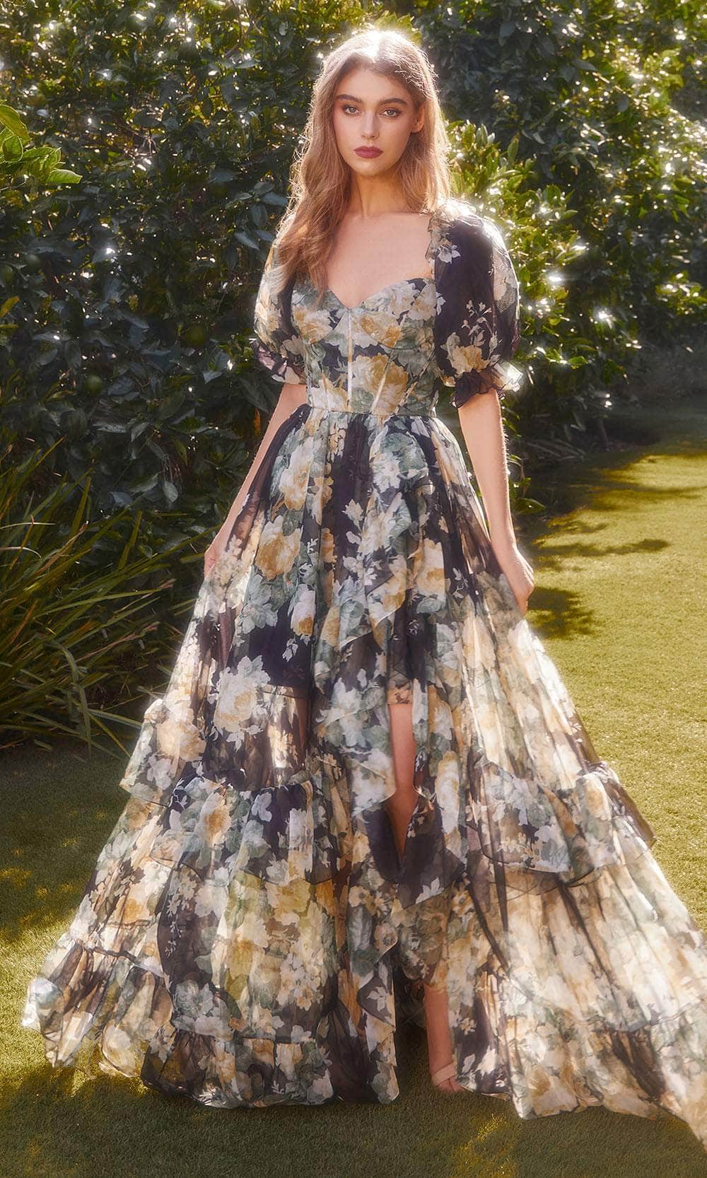Andrea and Leo A1336 - Puff Sleeve Floral Gown - designer evening gown at Silhouette Dresses
