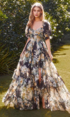 Andrea and Leo A1336 - Puff Sleeve Floral Gown - designer evening gown at Silhouette Dresses