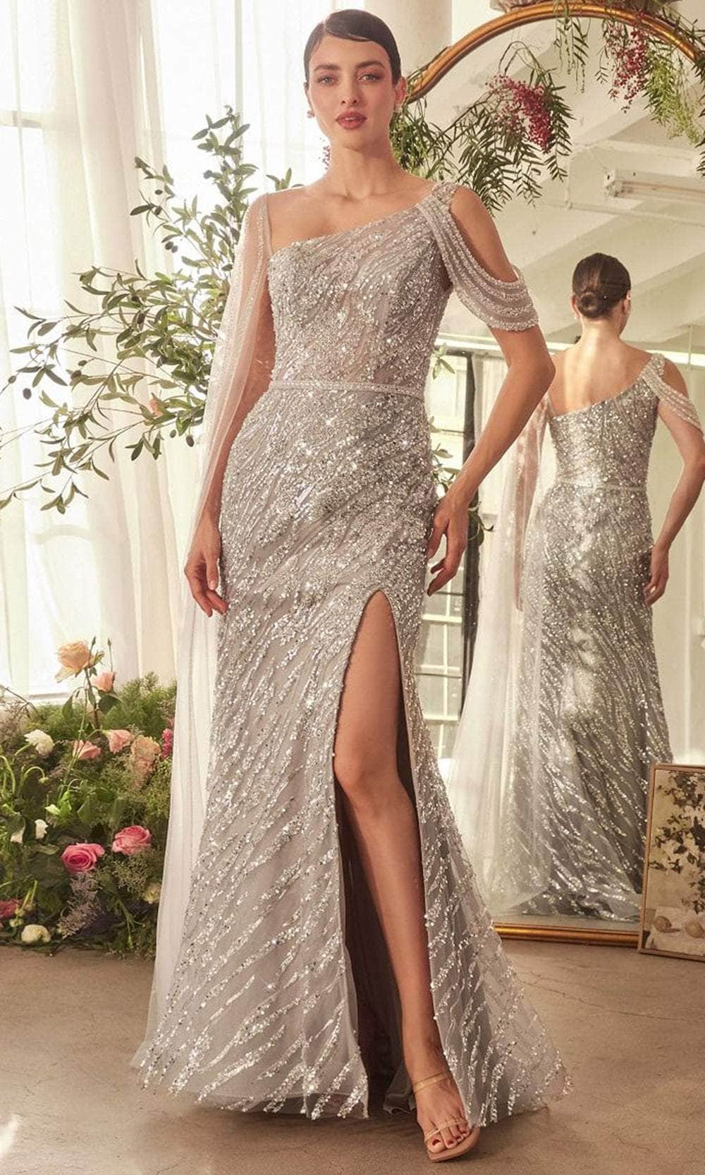 Andrea and Leo A1370 - Asymmetric Beaded Evening Gown with Cape - detail view