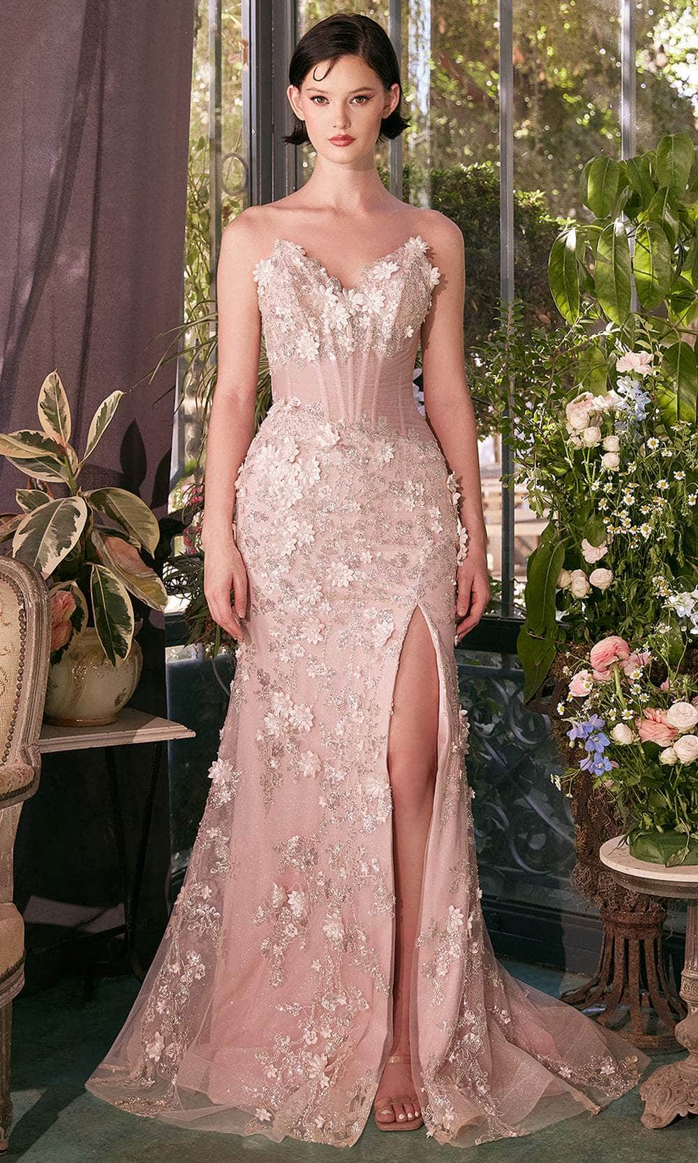 Andrea and Leo A1396 - Floral Appliqued V-Neck Tulle Prom Gown - designer prom dress at Silhouette Dresses