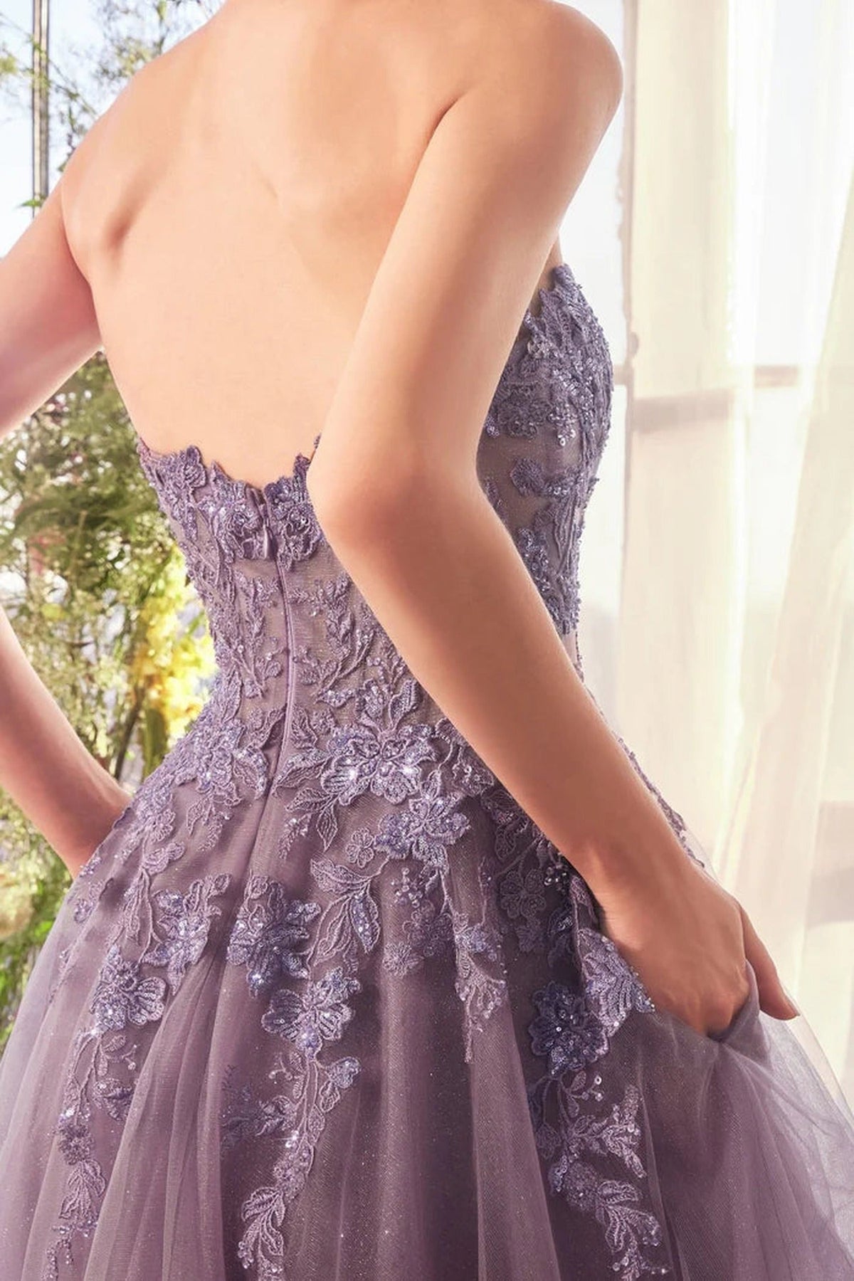 Andrea and Leo A1398 - Lace Appliqued Strapless Evening Gown