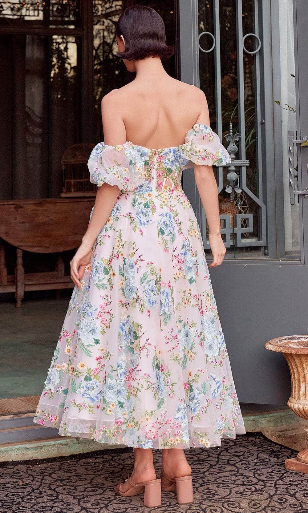 Andrea and Leo A1406 - Floral Applique Sweetheart Tea-Length Dress - back view