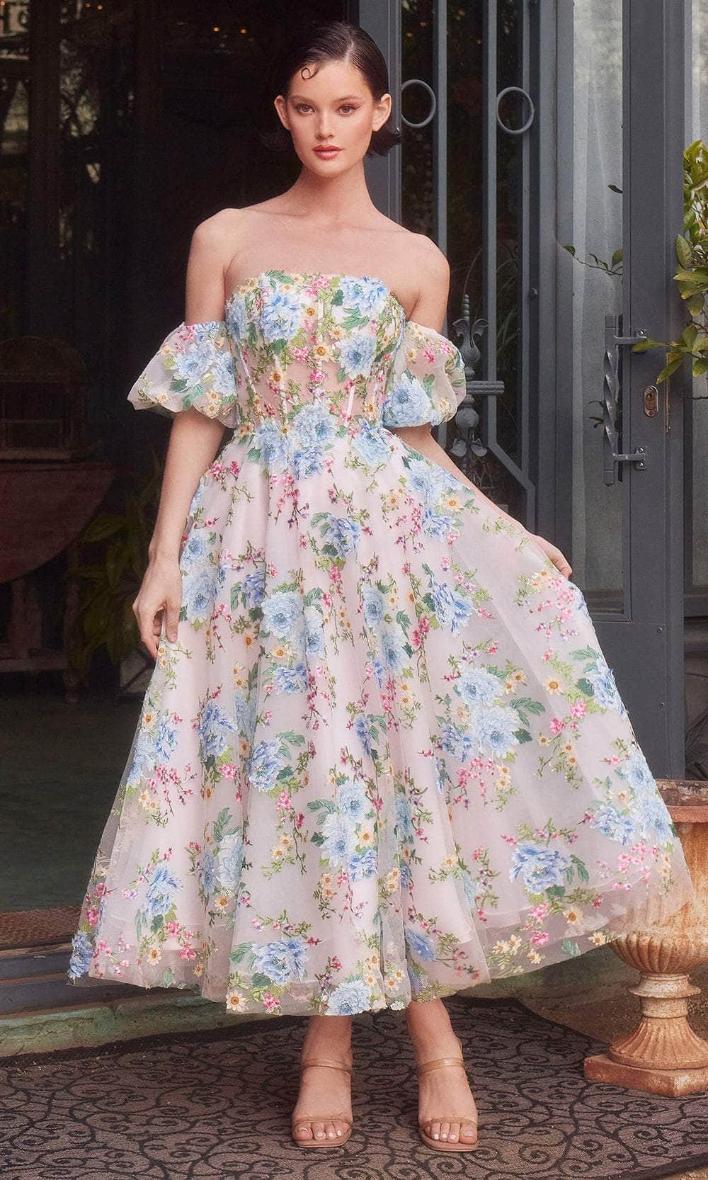 Andrea and Leo A1406 - Floral Applique Sweetheart Tea-Length Dress - designer formal gown at Silhouette Dresses