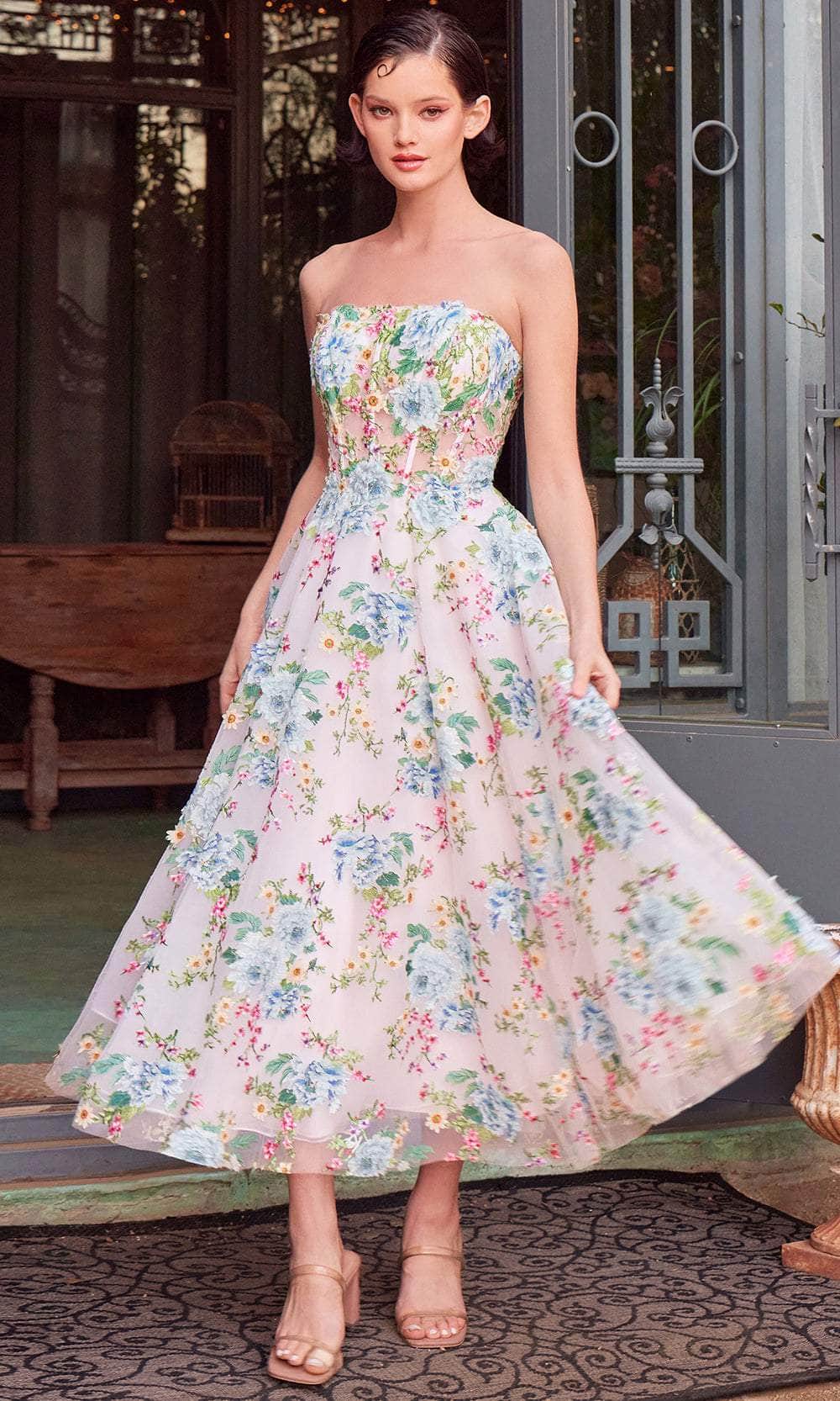 Andrea and Leo A1406 - Floral Applique Sweetheart Tea-Length Dress - detail view
