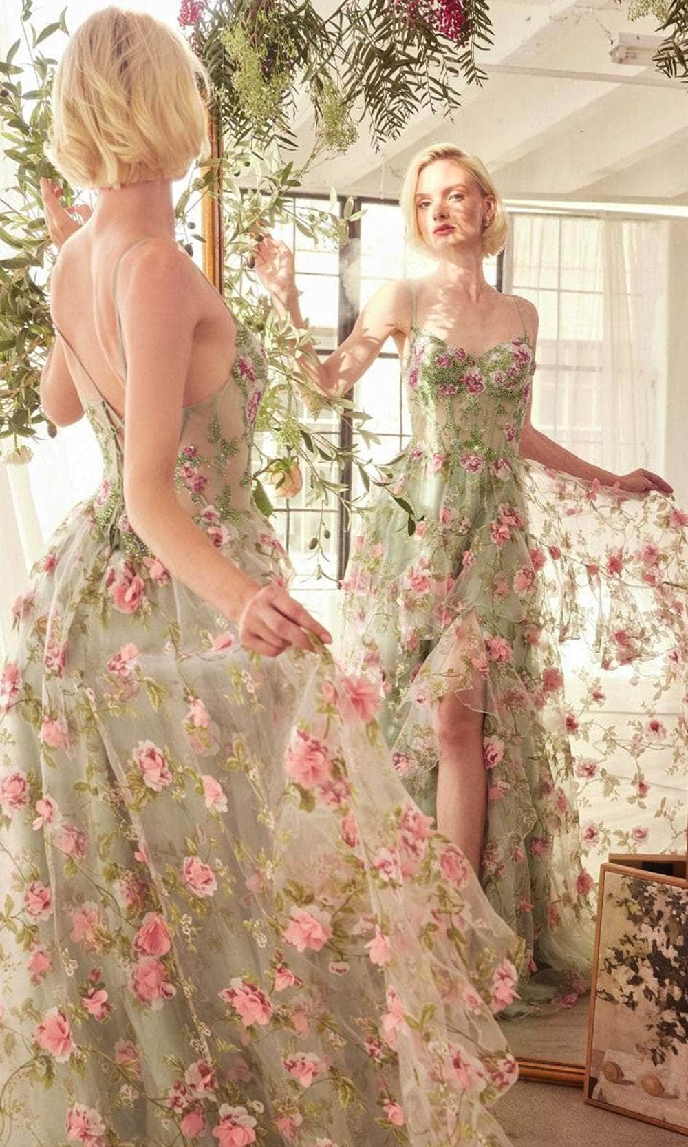 Andrea and Leo A1420 - Floral Print Ruffled A-Line Prom Gown - detail view