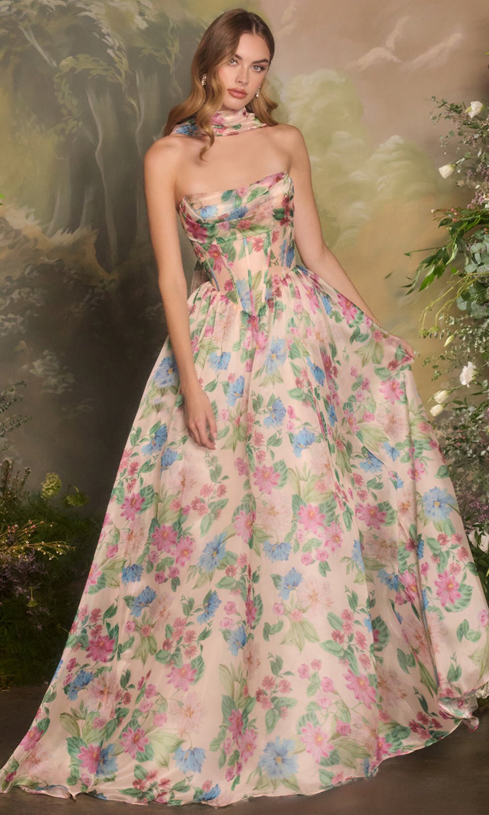 Andrea and Leo A1425 - Floral Satin A-Line Evening Dress - Silhouette Dresses
