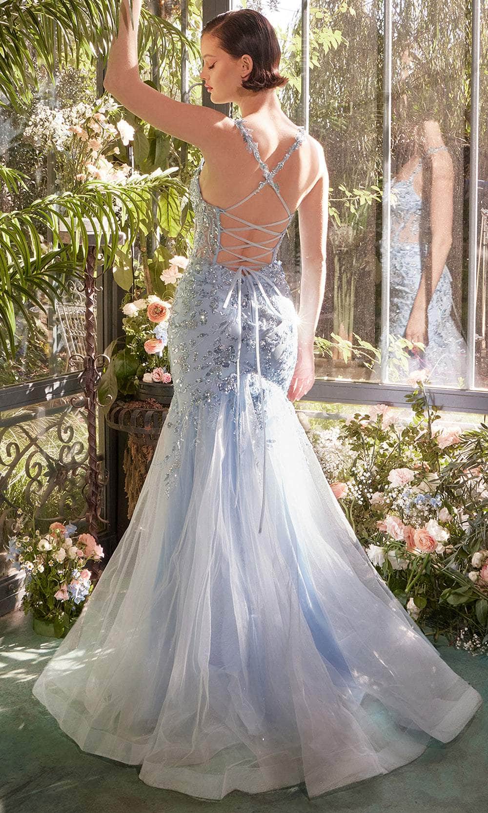 Andrea and Leo A1429 - Shimmering Floral Applique Mermaid Evening Gown - back view
