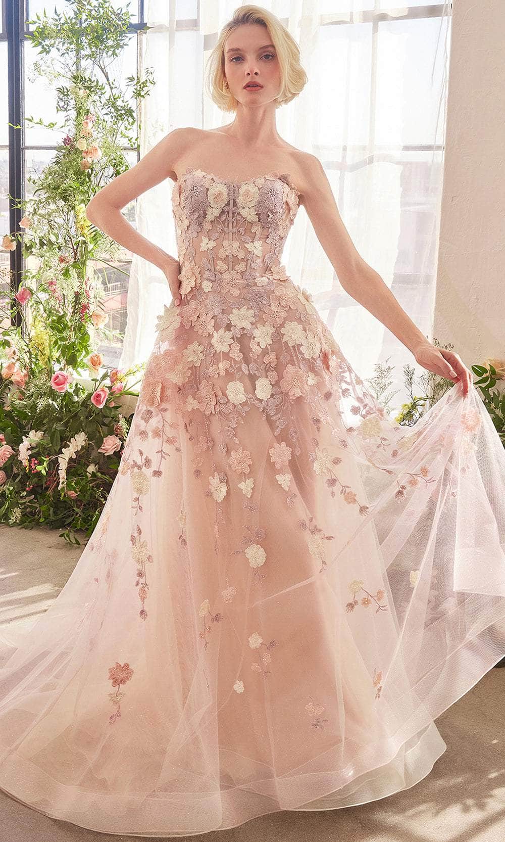 Andrea and Leo A1453 - Strapless Floral Appliqué Prom Gown - designer prom dress at Silhouette Dresses