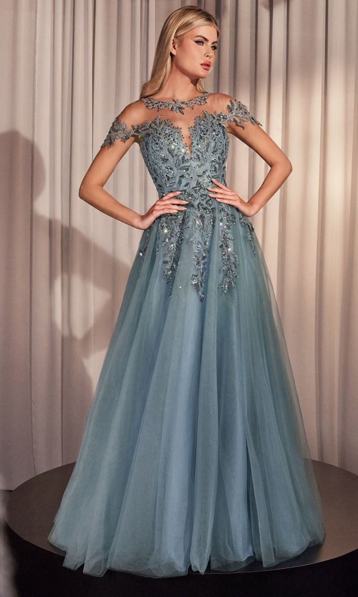 Andrea and Leo A1475 Floral Applique Cap Sleeve Dress