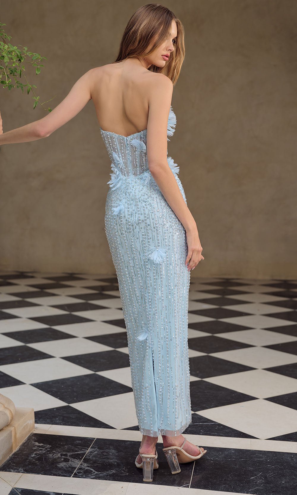Andrea and Leo A1487 - Floral Applique Column Dress with Back Slit - Silhouette Dresses