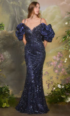 Andrea and Leo A1488 - Detachable Puff Sleeve Beaded Sheath Gown