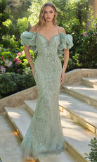 Andrea and Leo A1488 - Detachable Puff Sleeve Beaded Sheath Gown - Silhouette Dresses