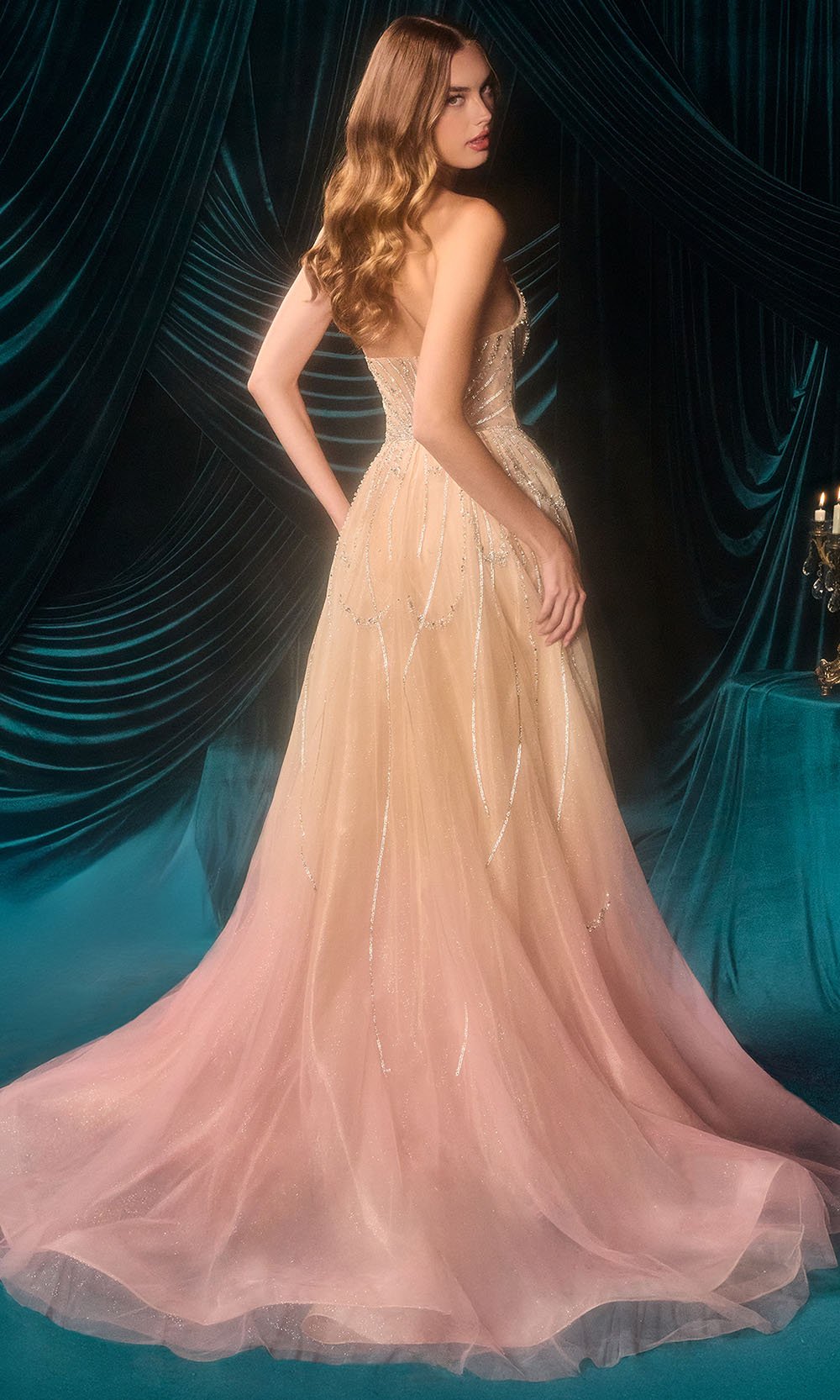 Andrea and Leo A1508 - Plunging Neckline Ombre Tulle Evening Gown - Silhouette Dresses