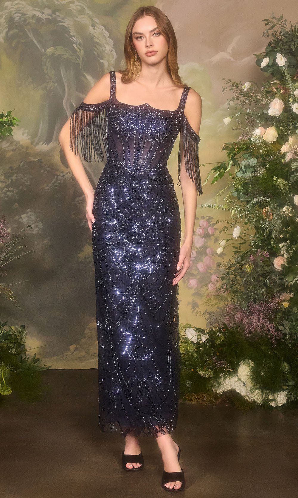 Andrea and Leo A1511 - Art-Deco Beaded Cold Shoulder Dress - Silhouette Dresses