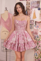 Andrea and Leo A1522 - Metallic Floral Jacquard Ruffle Hem Dress