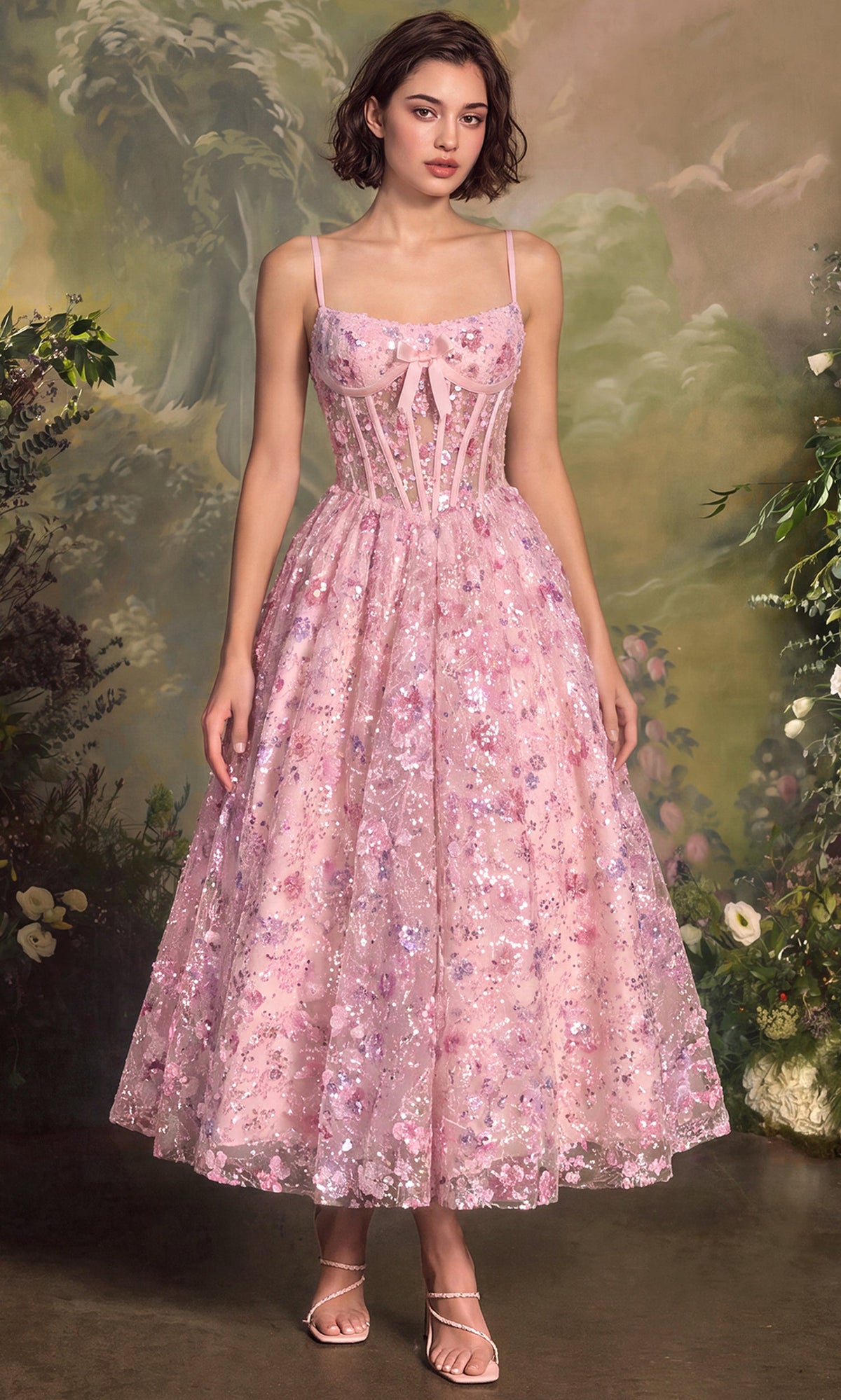 Andrea and Leo A1523 Floral Corset Tea-Length Dress