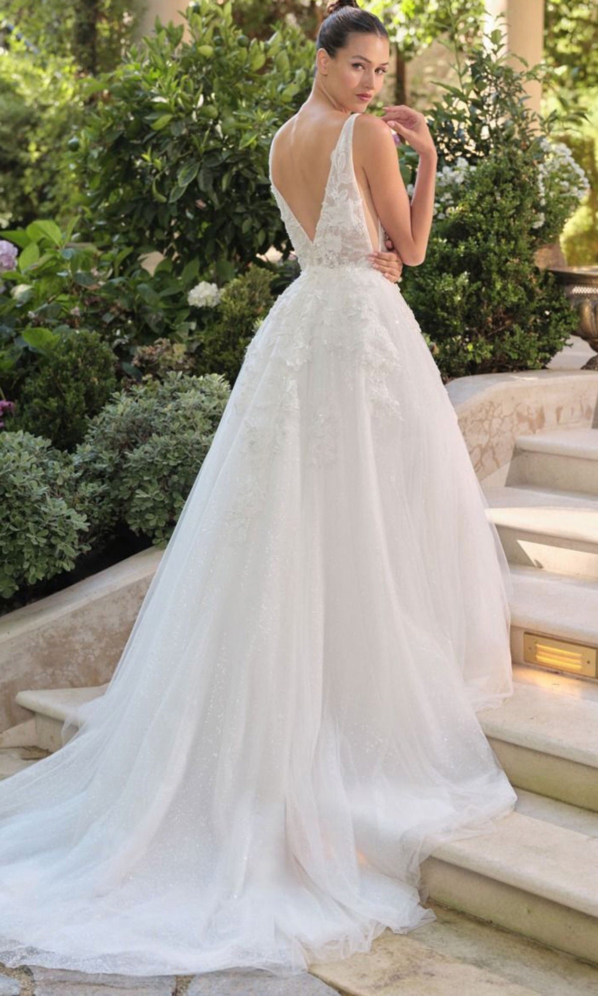Andrea and Leo WL064 - Plunging V-Neck Floral Applique Ballgown