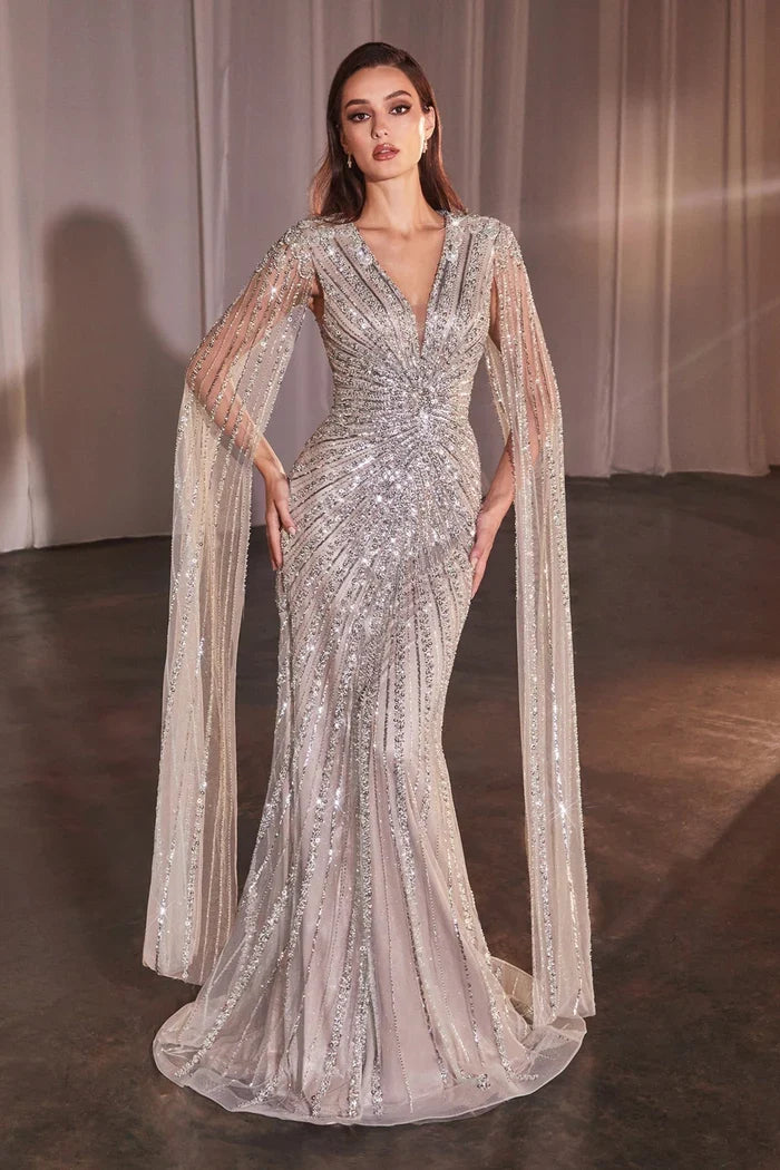 Cinderella Divine CD0239 - Embellished  Cape Sleeves Prom Dress