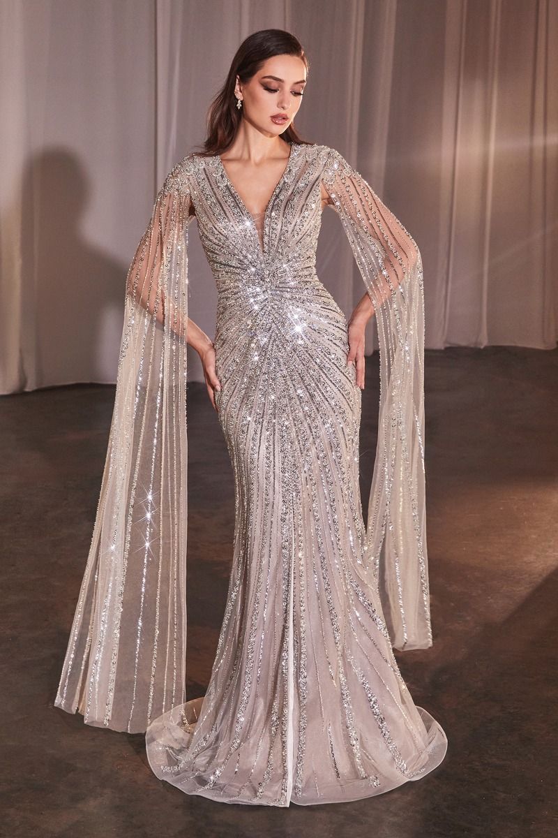 Ladivine CD0239 - Cape Sleeve Embellished Prom Dress