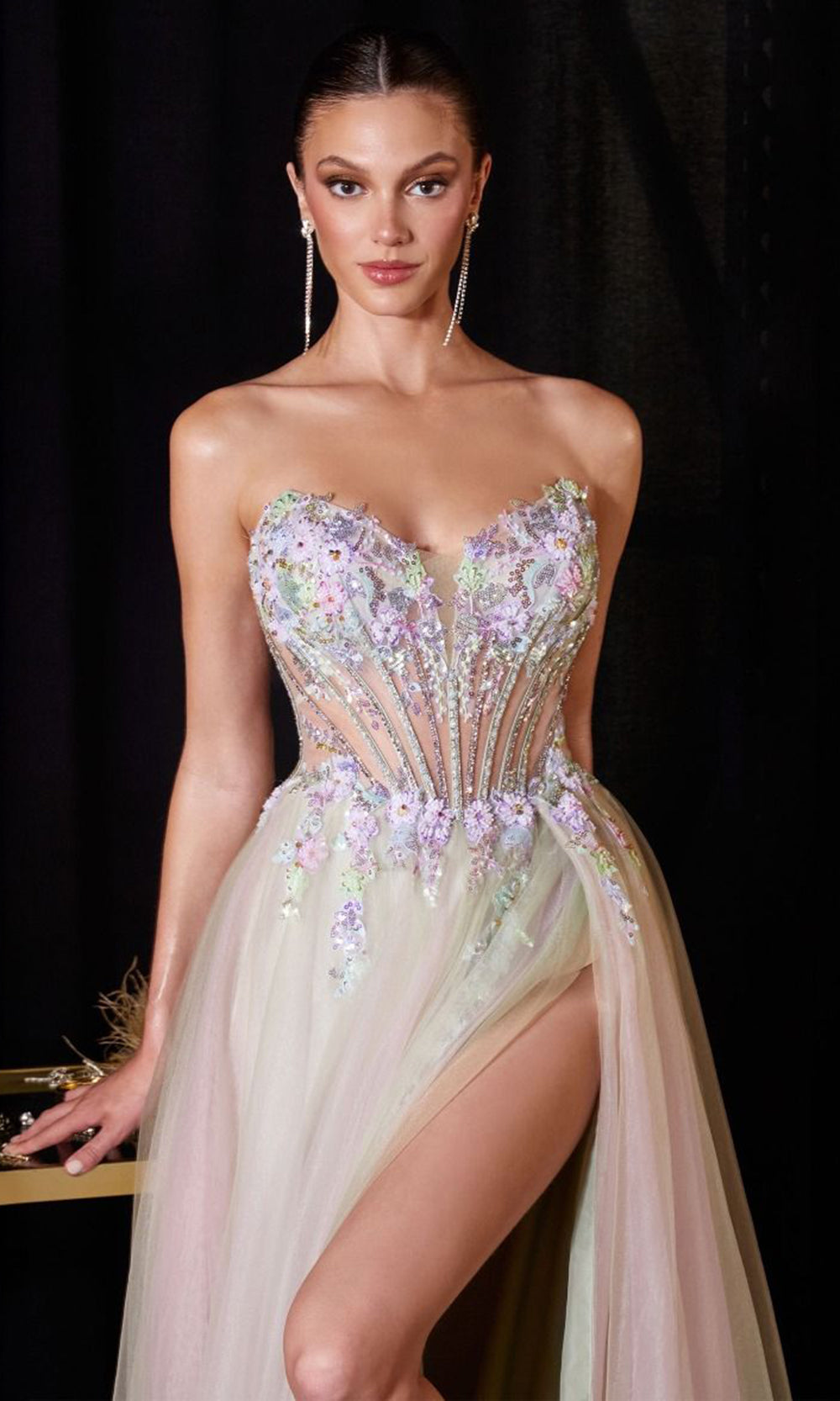Ladivine CD2418 - Floral Applique Strapless Layered Dress