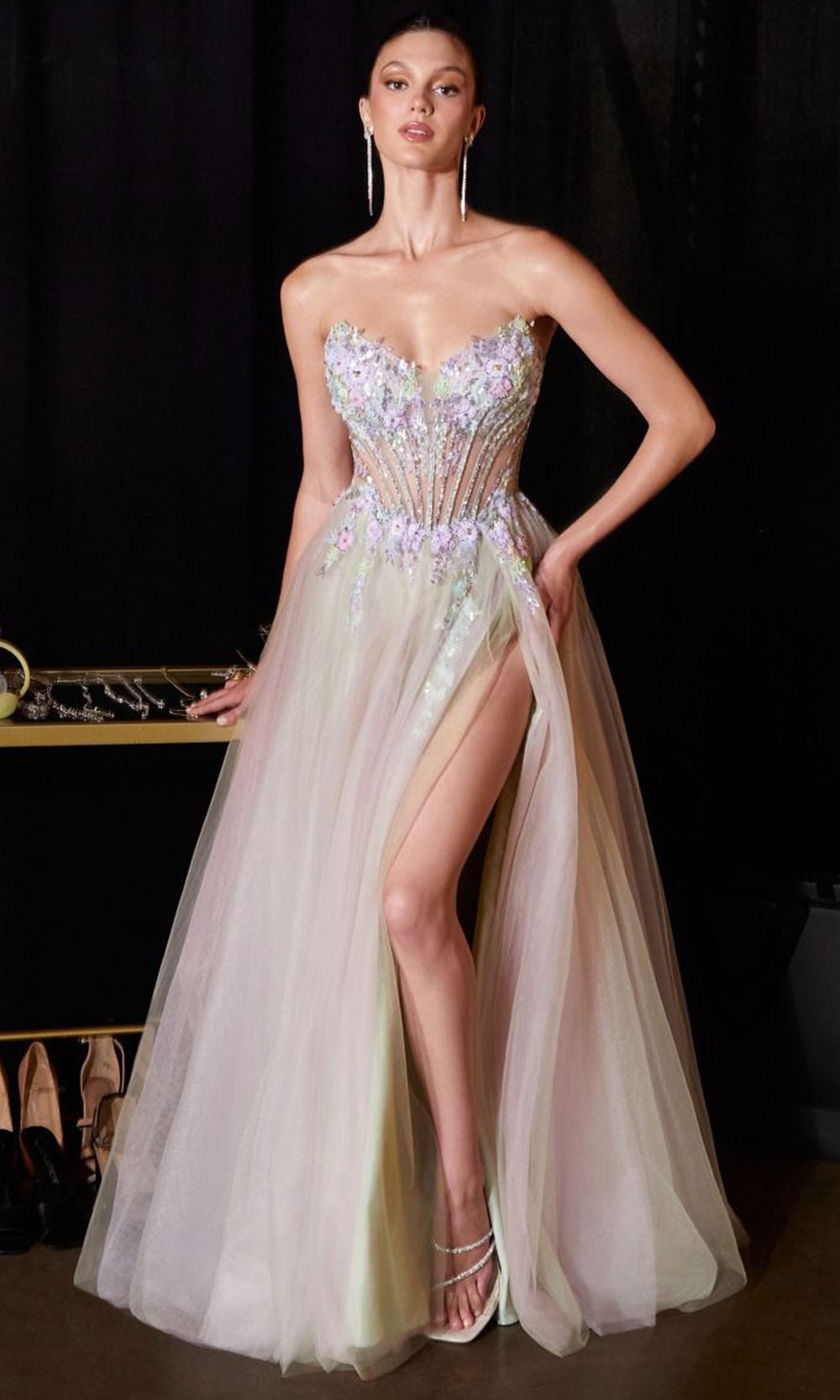 Ladivine CD2418 - Floral Applique Strapless Layered Dress