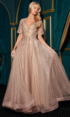 Ladivine CD726 - Short Sleeve Lace Applique Formal Gown