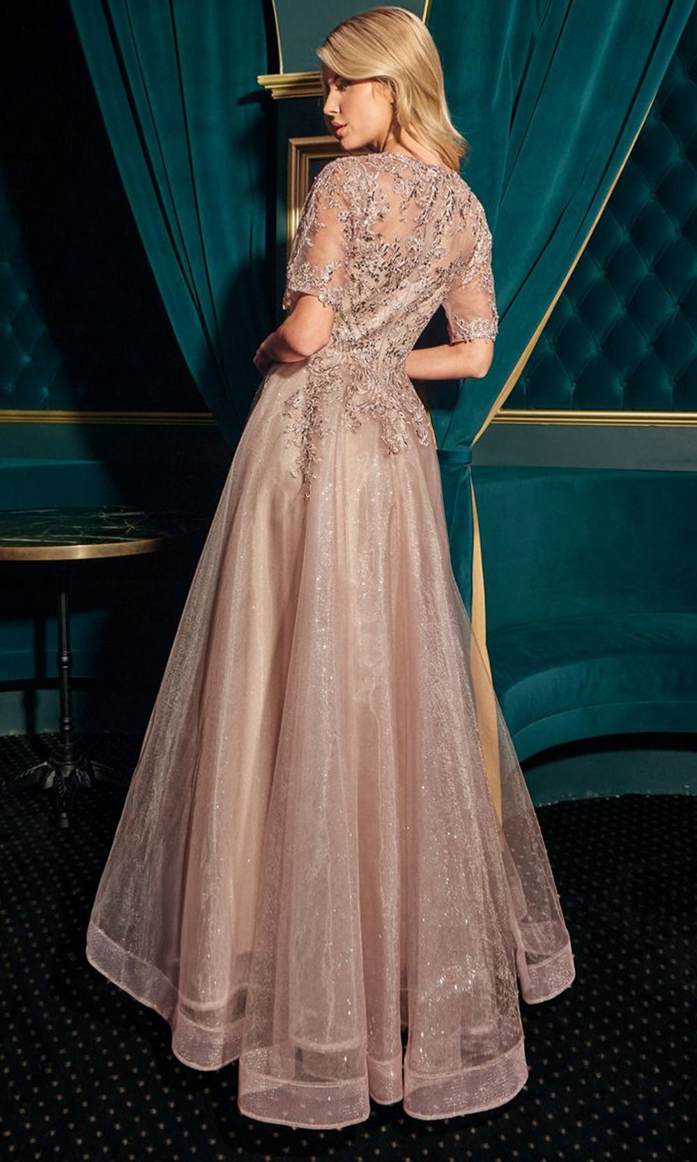 Ladivine CD726 - Short Sleeve Lace Applique Formal Gown