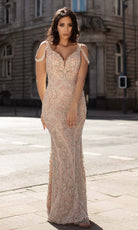 Chic and Holland - HF1530 Beaded Deep V Neck Fitted Dress