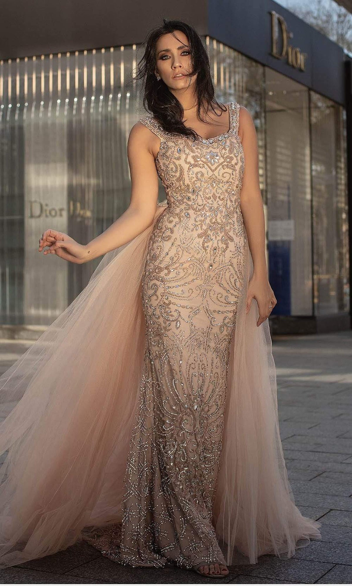 Chic and Holland - HF1576 Embellished Sheath Dress with Overskirt