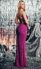 Chic and Holland AF330103 - V-Neck Feather Slit Prom Dress - back view