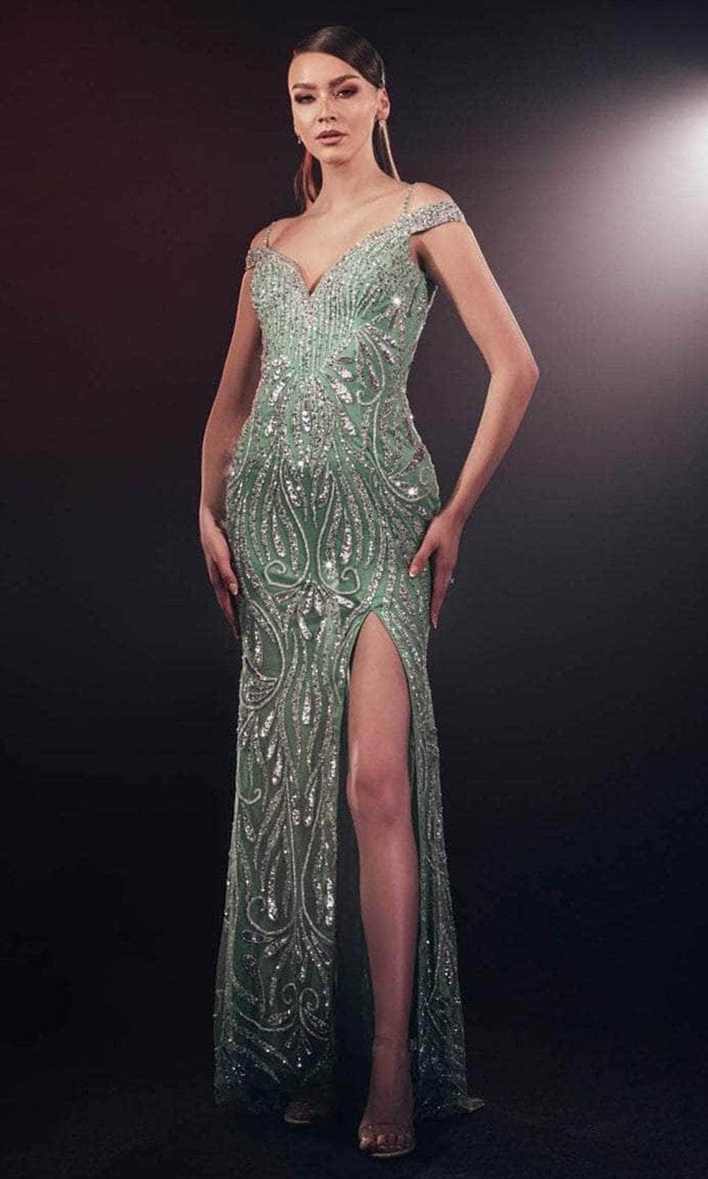 Chic and Holland AF330189 - Cold Shoulder Sequined Evening Gown - Silhouette Dresses