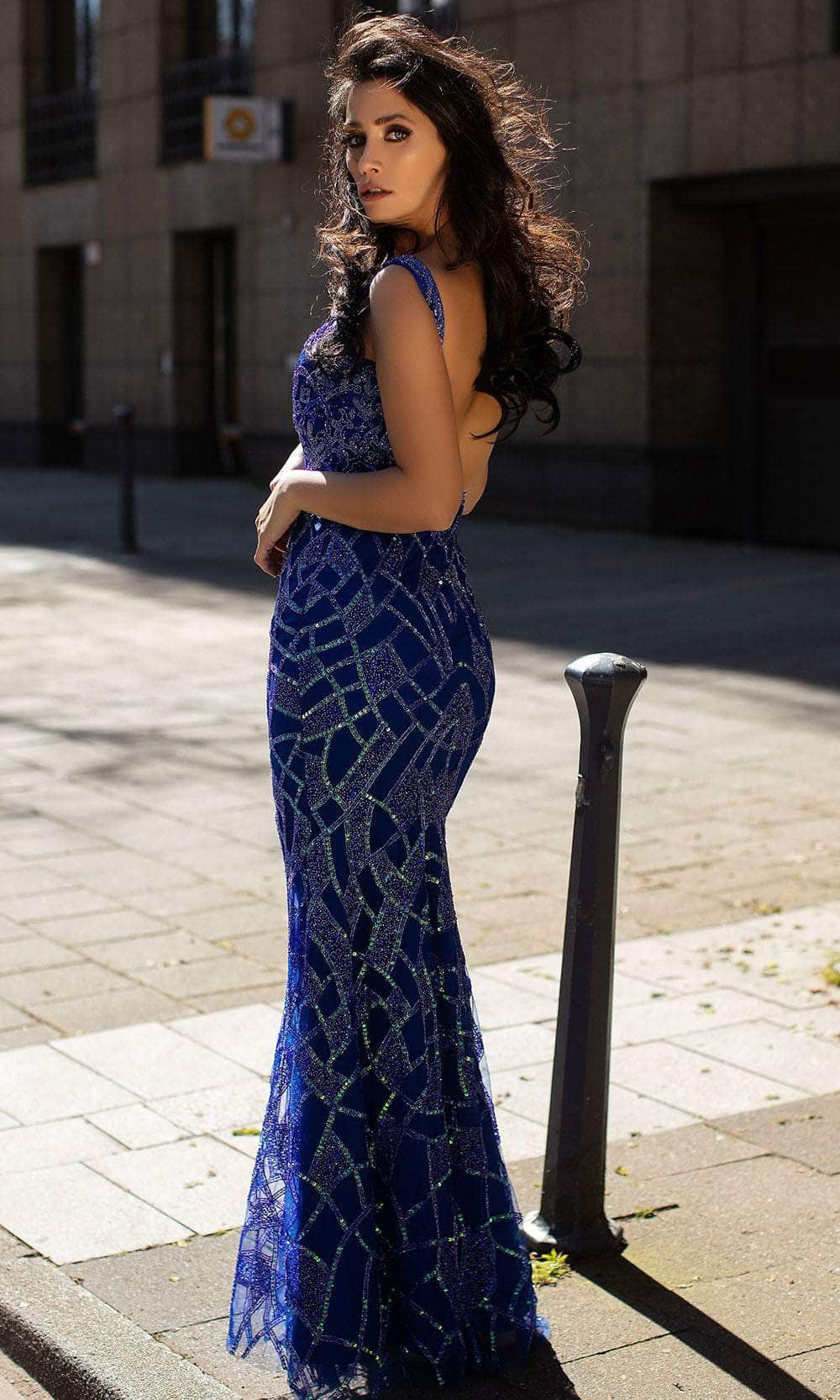 Chic and Holland AN1449 - V-Neck Embellished Prom Gown - back view